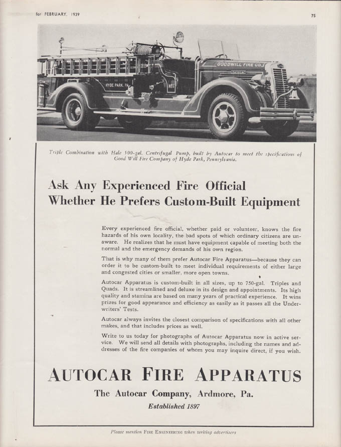 Image for Ask Any Experienced Fire Official - Autocar Fire Truck Hyde Park PA ad 1939