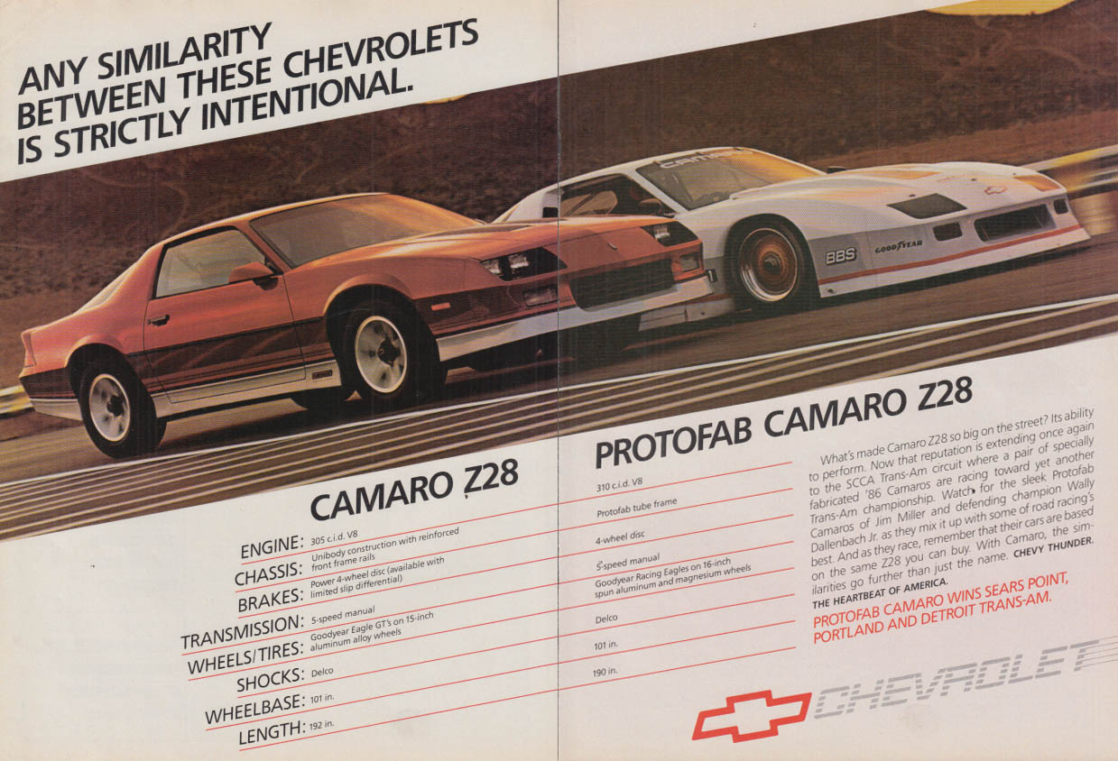 Image for Any similarity strictly intentional Chevrolet Camaro Z28 & Profab Z28 ad 1986