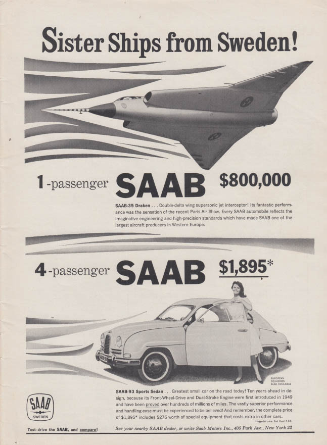 Image for 1 Passenger - $800,000 - 4 passengers $1895 Saab-35 Draken Saab 93 ad 1960 R&T