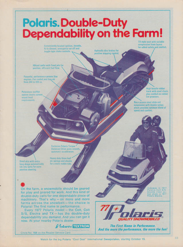 Image for Double-Duty Dependability on the Farm! Polaris Colt S/S Snowmobile ad 1977 FJ