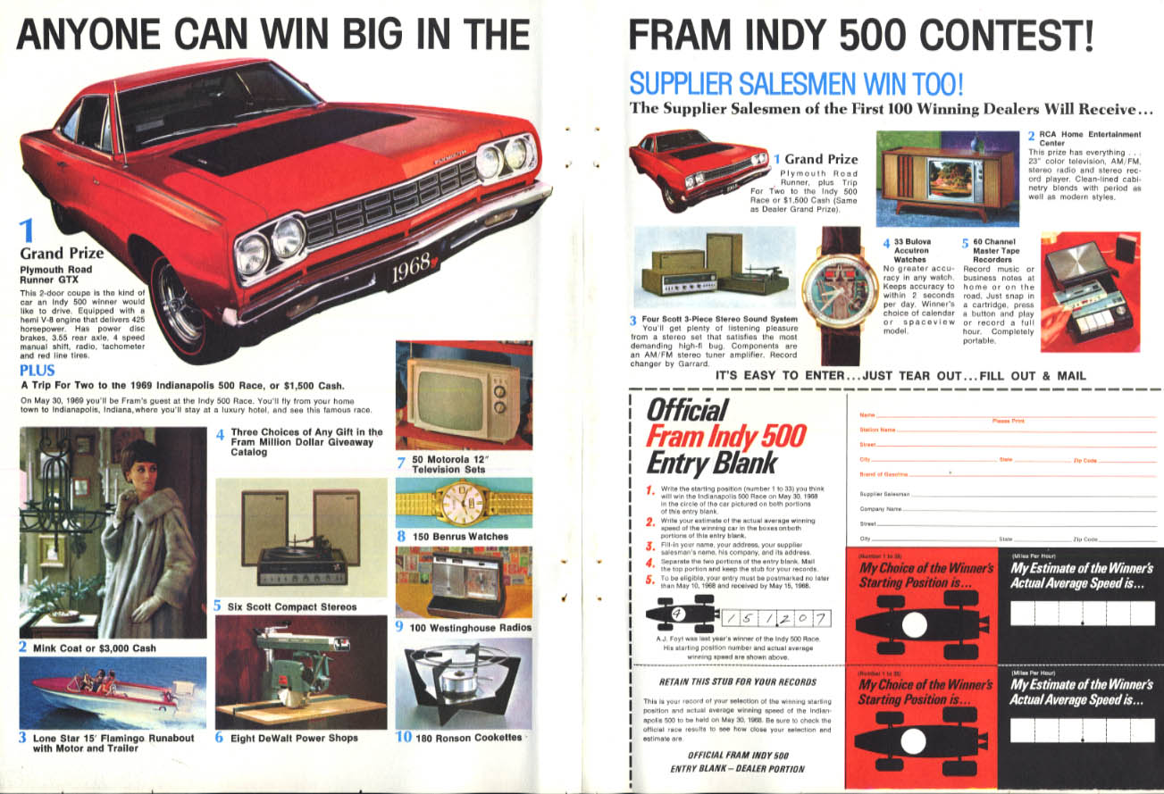 Image for Anyone Can Win the Fram Indy 500 Contest! Plymouth Road Runner GTX ad 1968