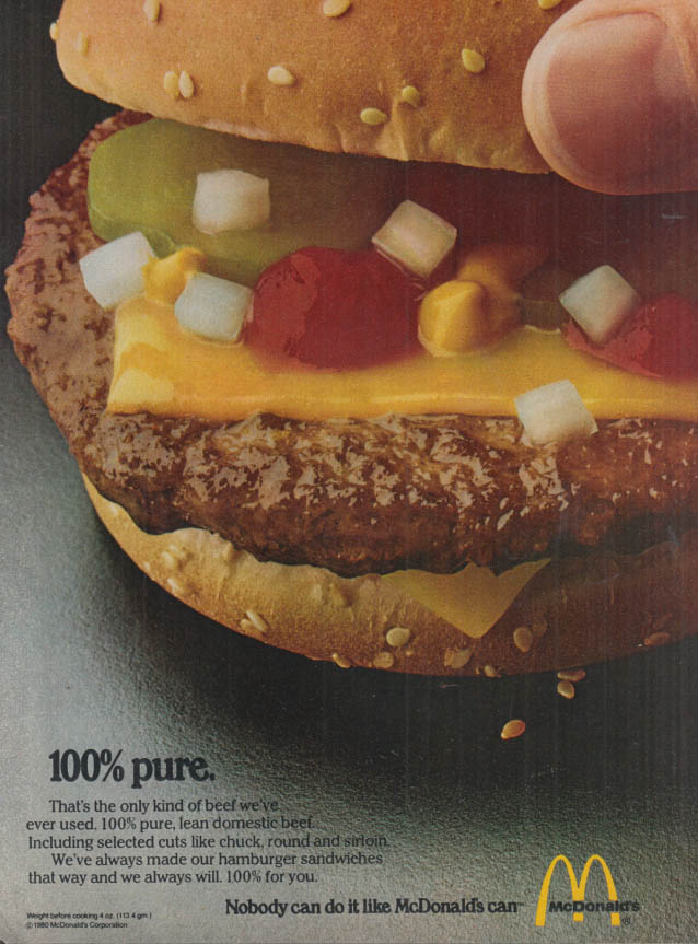 Image for 100% pure lean domestic beef - McDonald's Hamburger ad 1980 WD