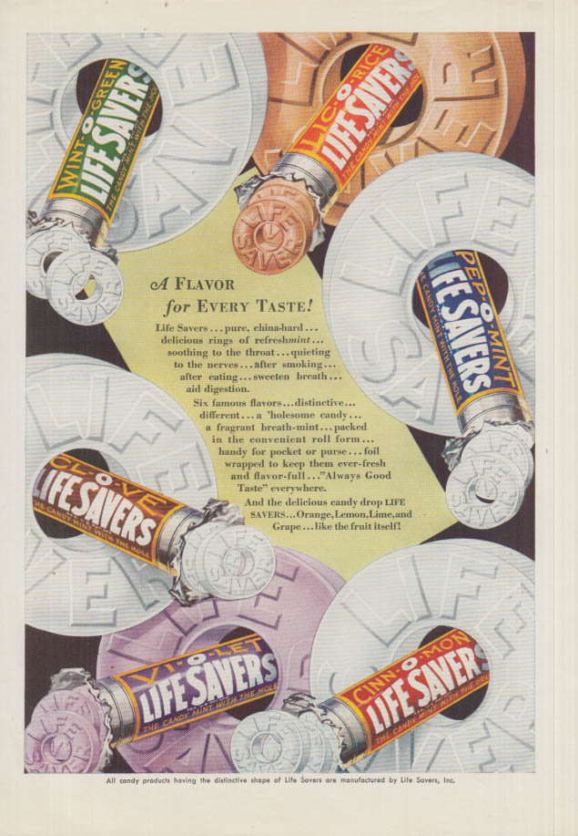 Image for A Flavor for Every Taste! Life Savers Mint Licorice Clove Violet + ad 1930 AM