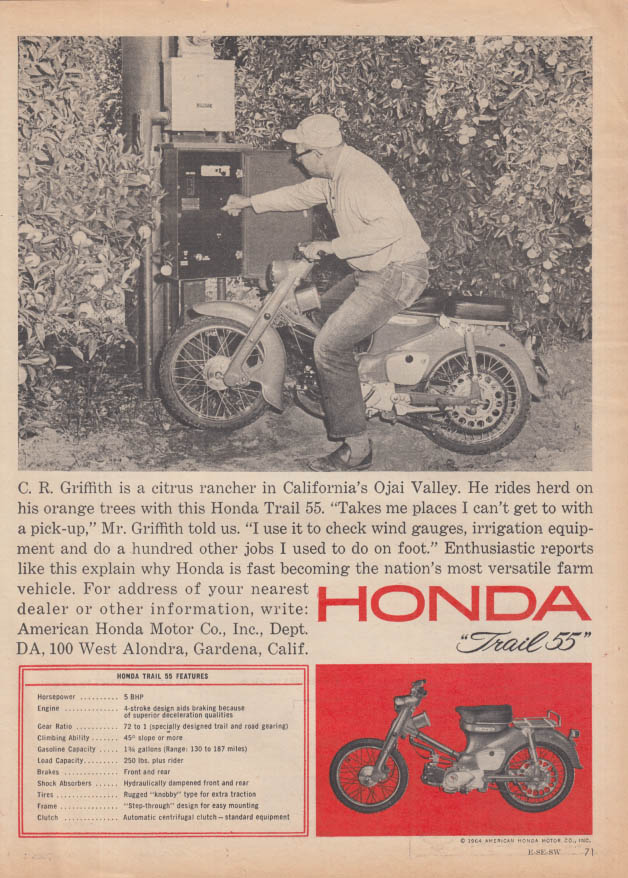 Image for Citrus rancher C R Griffith of Ojai Valley for Honda Trail 55 Motorcycle ad 1964