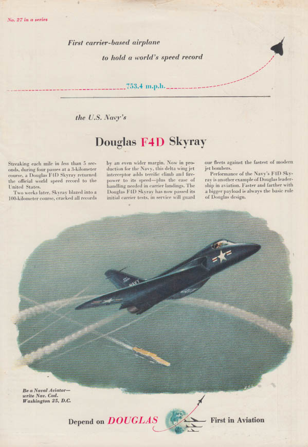 Image for 1st carrier-based airplane to hold world speed record Douglas F4D Skyray ad 1954