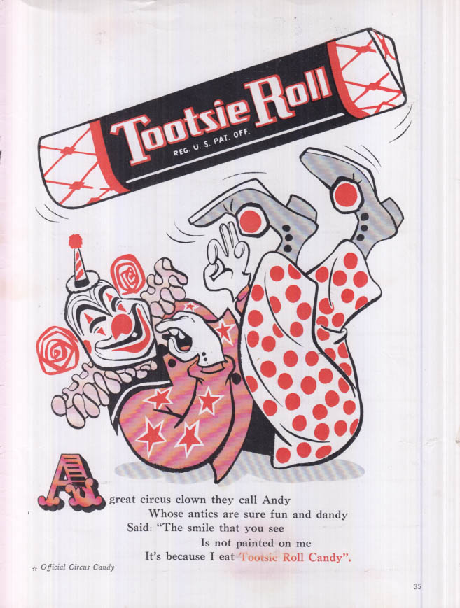 Image for A great circus clown they call Andy for Tootsie Roll Candy ad 1964 B&B