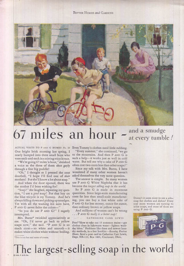 Image for 67 miles an hour Procter & Gamble Soap ad 1929 kids on tricycles BHG