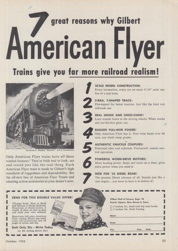 Image for 7 great reasons why Gilbert American Flyer electric trains ad 1955