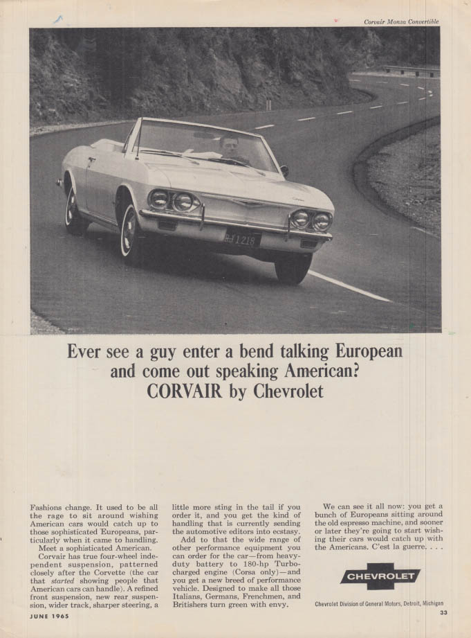 Image for Enter a bend talking European & come out speaking American - Corvair ad 1965