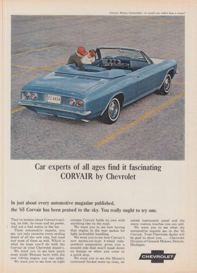 Image for Car experts of all ages find it fascinating Corvair Convertible ad 1965