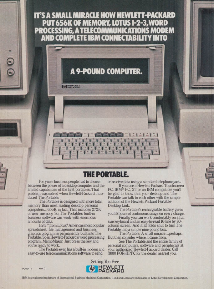 Image for A 9-Pound Computer: The Hewlett Packard Portable ad 1984 NY