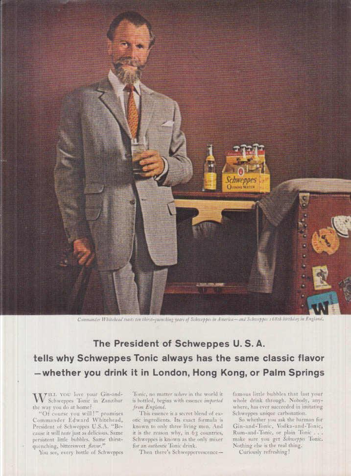 Image for Commander Whitehead tells why Schweppes Tonic has same flavor ad 1963 NY