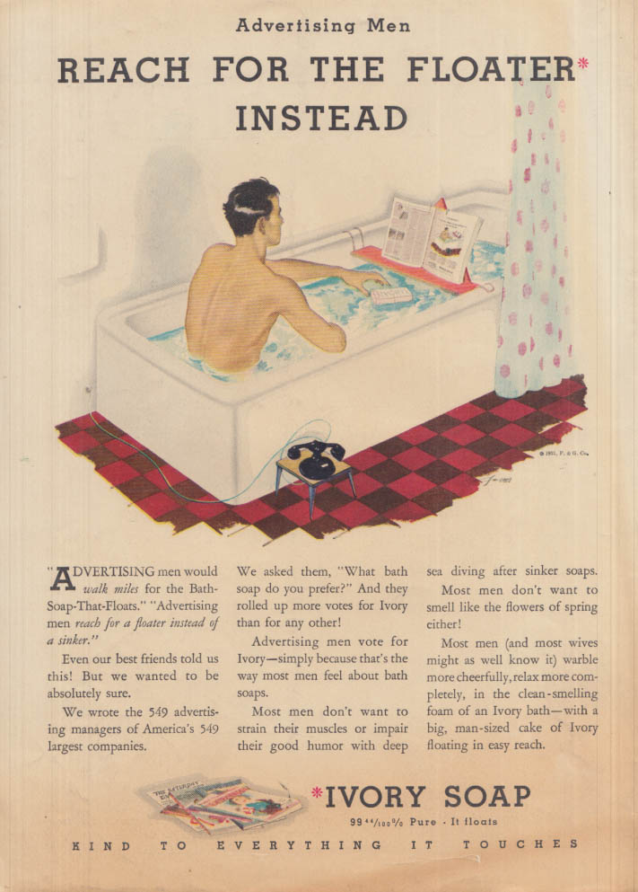 Image for Advertising Men Reach for the floater Ivory Soap ad 1931 naked man in tub