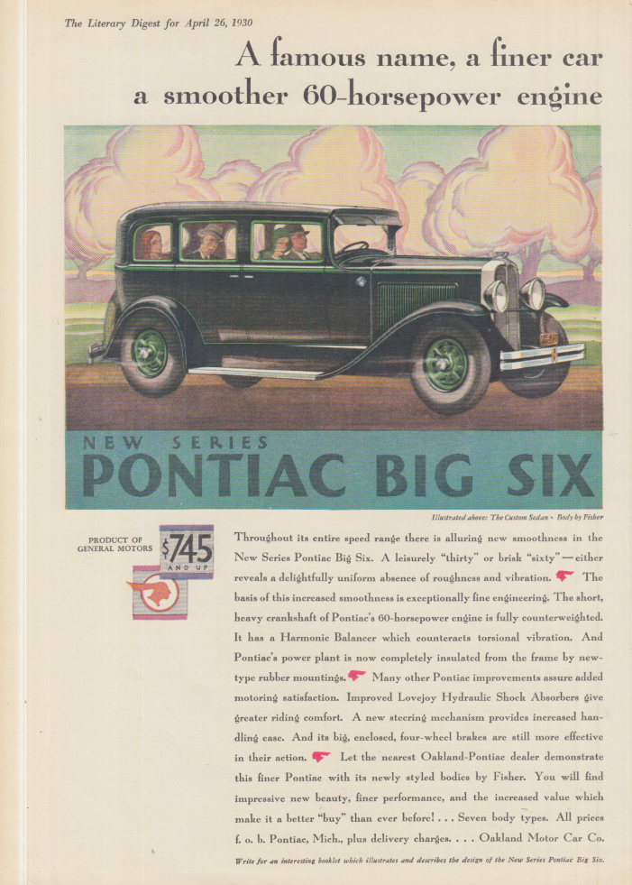 Image for A famous name a finer car Pontiac Big Six Sedan ad 1930 LD