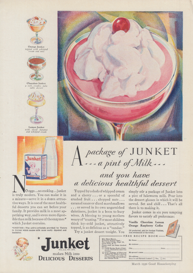 Image for A delicious healthful dessert - Junket & a Pint of Milk ad 1930 GH