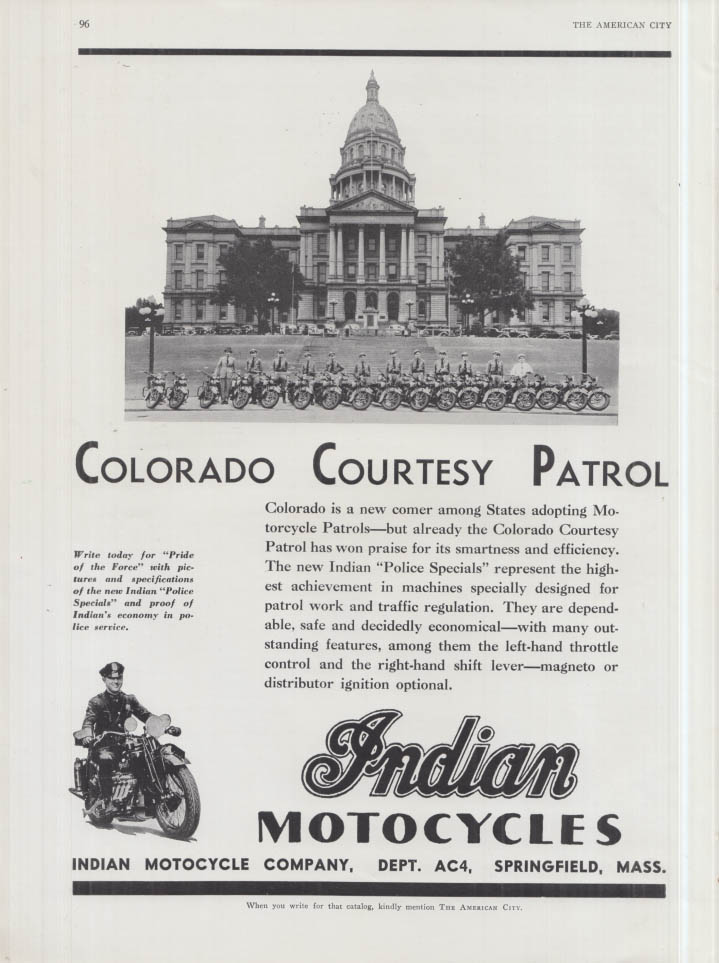 Image for Colorado Courtesy Patrol - Indian Motorcycles ad 1937