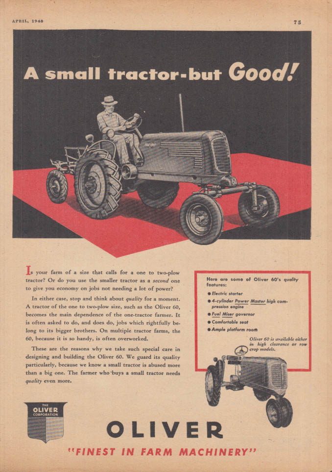 Image for A small tractor - but good! Oliver Model 60 Farm Tractor ad 1948 FJ