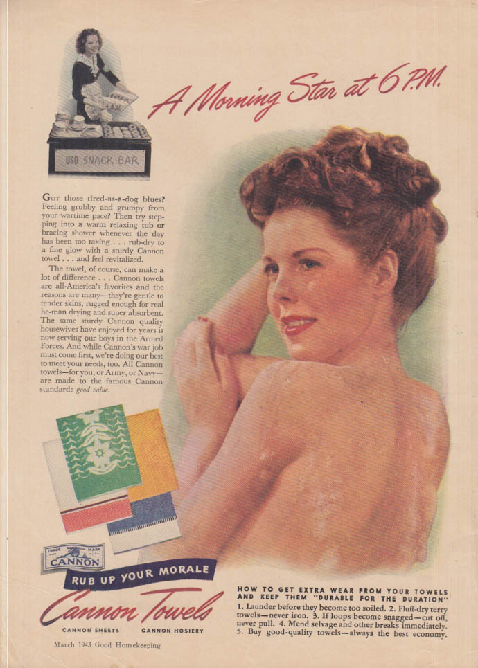 Image for A Morning Star at 6 PM Cannon Towels ad 1943 snack bar girl in the shower GH