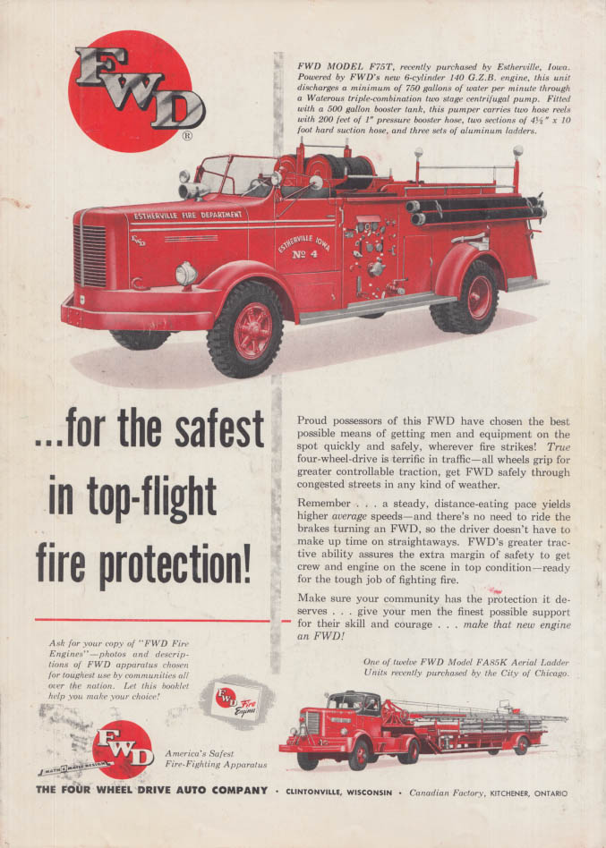 Image for The safest in top-flight fire protection: FWD Model F75T Esterville IA ad 1955