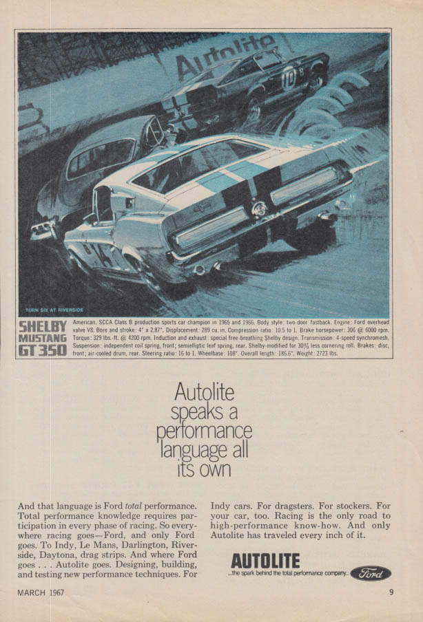 Image for Autolite speaks a performance language Shelby Mustang GT 350 ad 1967 PM