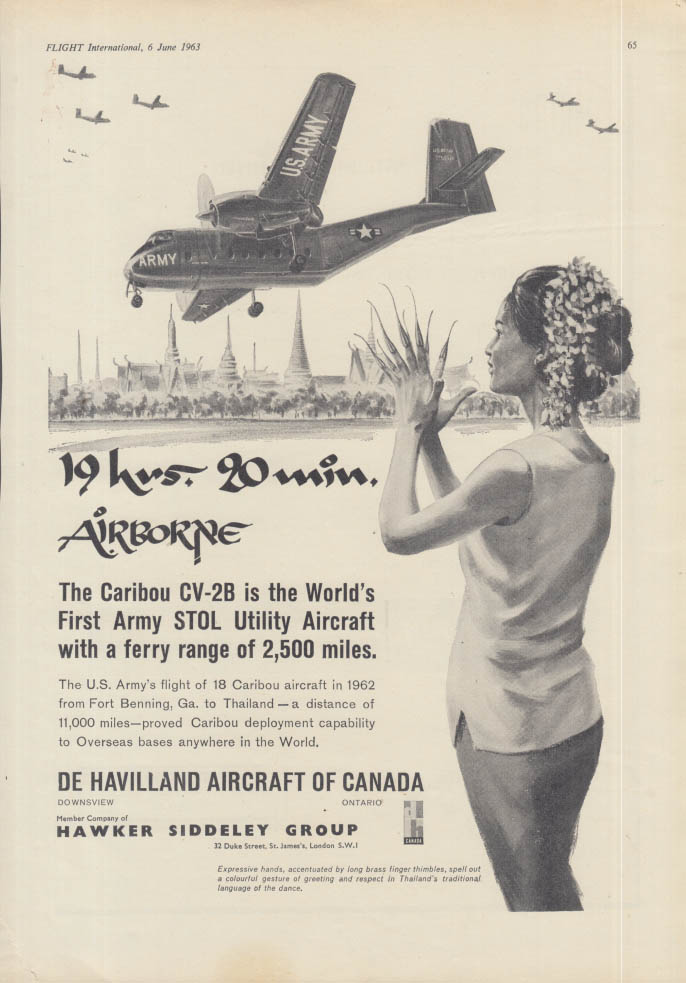 Image for 19 hrs 20 min De Havilland of Canada Caribou CV-2B US Army STOL ad 1963