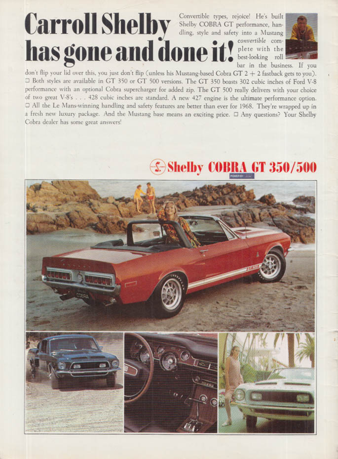 Image for Carroll Shelby has gone & done it! Shelby Cobra GT 350 / 500 convertible ad 1968
