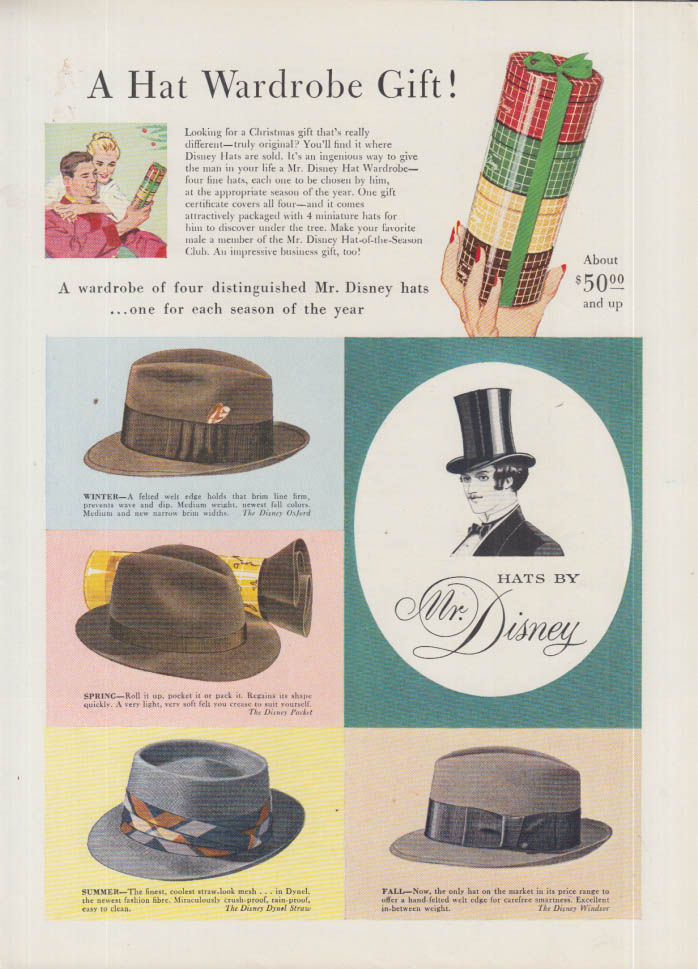 Image for A Hat Wardrobe Gift! Mr Disney Oxford Packet Straw & Windsor Hat ad 1956 NY