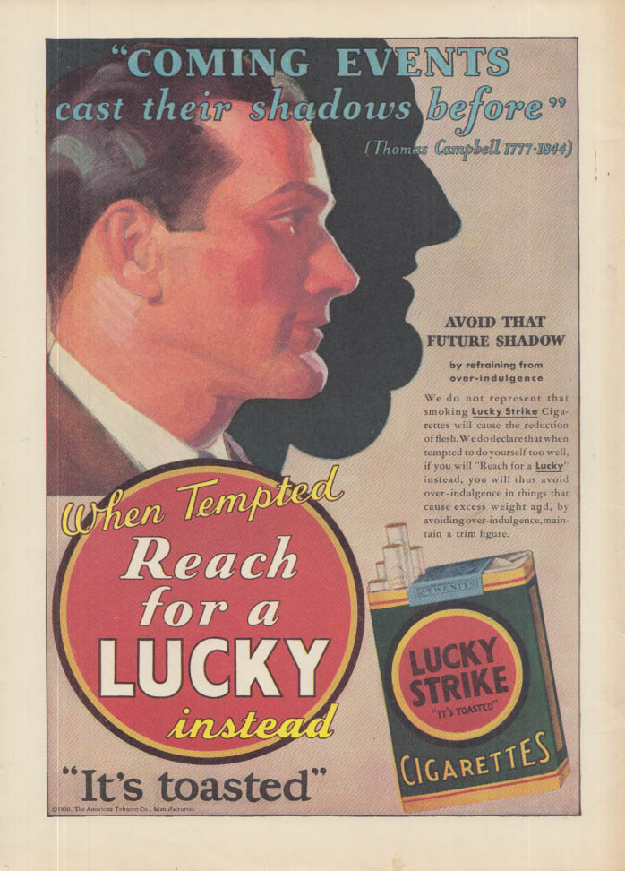 Image for Avoid over-indulgence When Tempted reach for a Lucky Strike Cigarette ad 1930