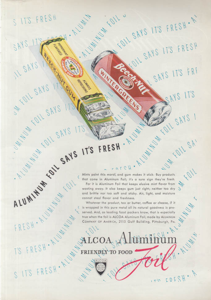 Image for Alcoa Aluminum Foil says it's Fresh - Beech-Nut Gum & Mints ad 1938 T