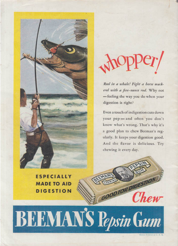 Image for Whopper! Reel in a whale! Fight a mackerel! Beeman's Pepsin Chewing Gum ad 1936