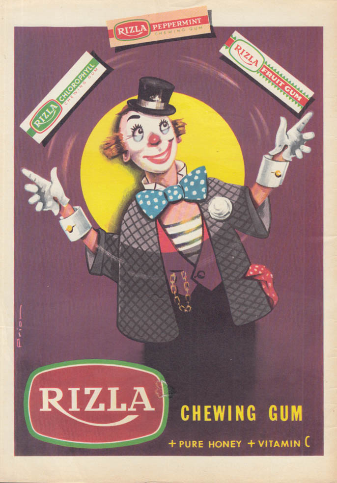 Image for Juggling clown for Rizla Chewing Gum ad 1966 Chlorophyll Peppermint Fruit Gum