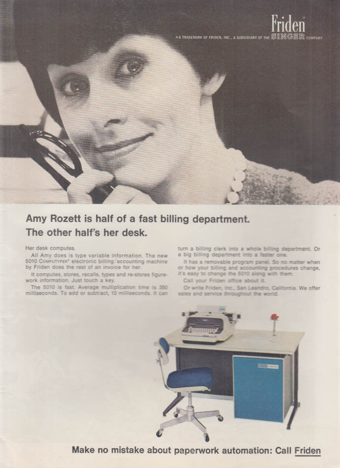 Image for Amy Rozett is half a fast billing department Other half: Her Friden Desk ad 1965