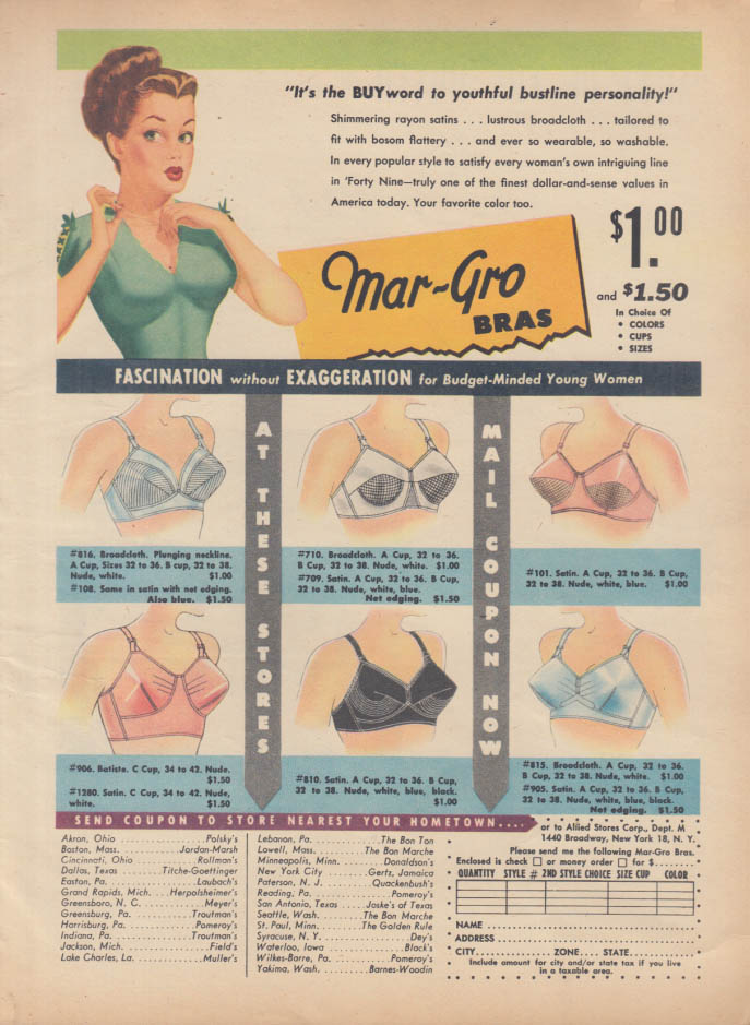 The BUYword to youthful bustline personality Mar-Gro Bra ad 1949