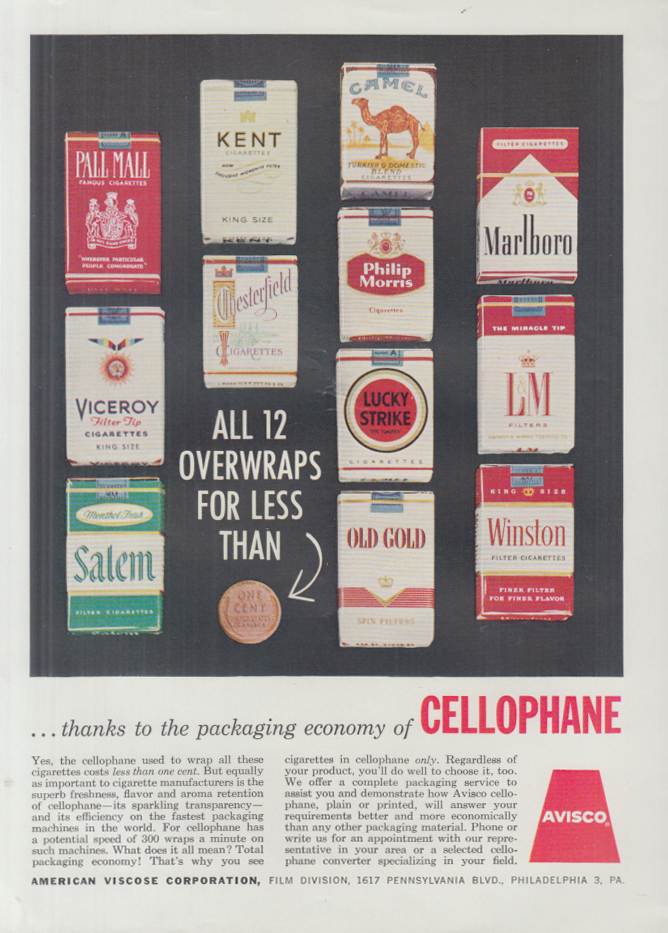 Image for Avisco Cellophane wrappers for cigarettes ad 1960 Viceroy Saem L&M Winston &c