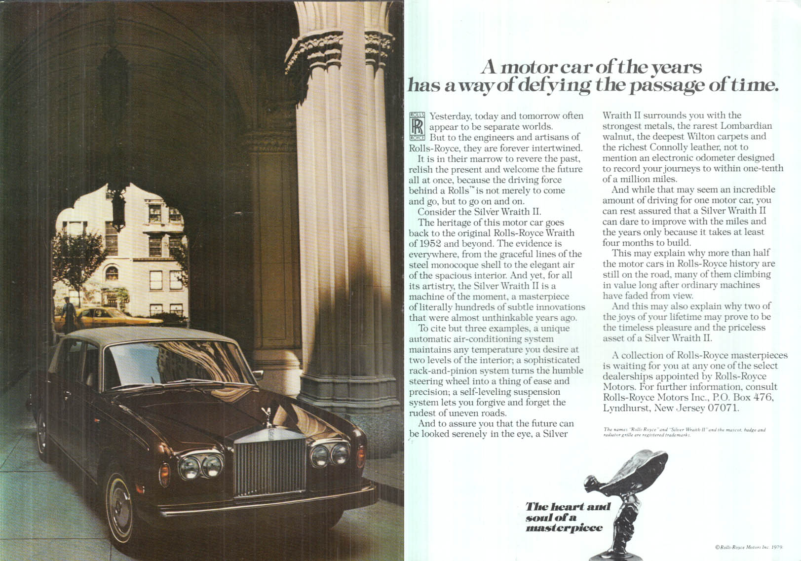 Image for A motor car defying the passage of time Rolls-Royce Silver Wraith II ad 1979 NY