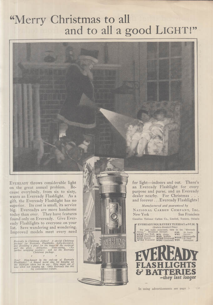 Image for Merry Christmas & to all a good light Santa for Eveready Flashlight ad 1925