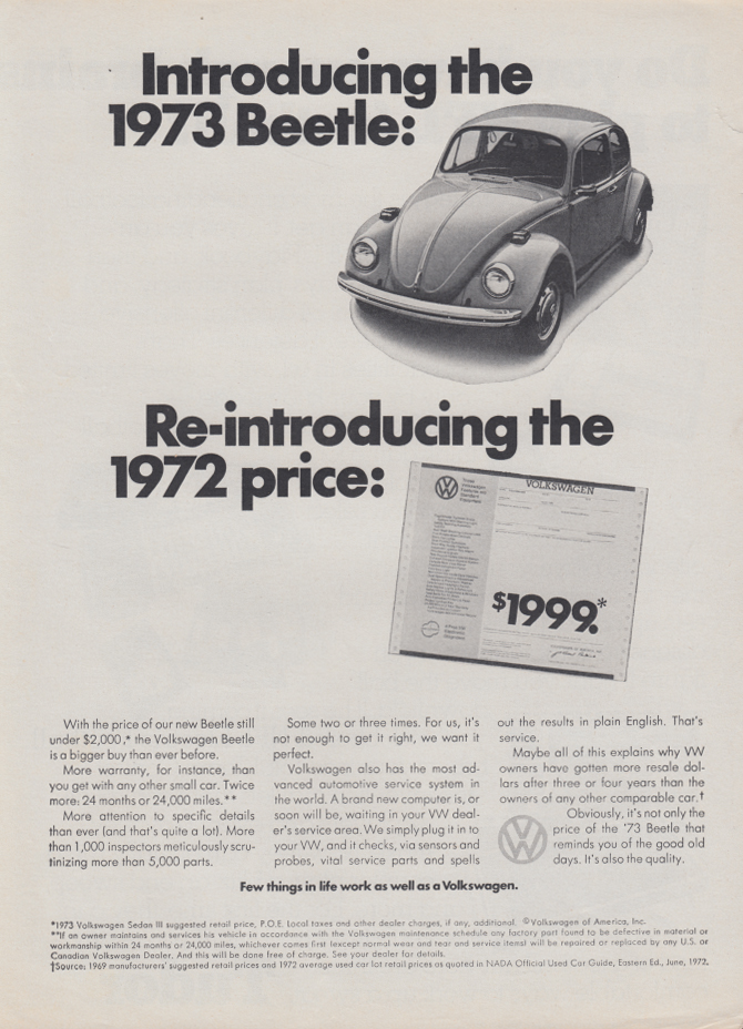 1972 2 Page Print Ad of VW Volkswagen Beetle Bug with Rolls Royce 