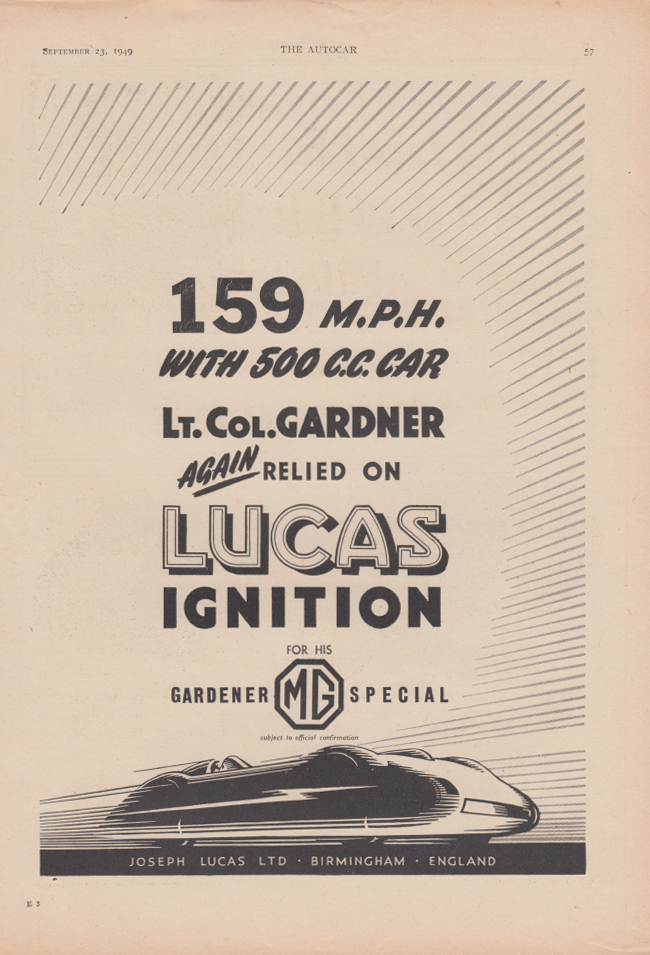 Image for 159 mph with the Lt Col Gardner Gardener MG Special Lucas Iginition ad 1949