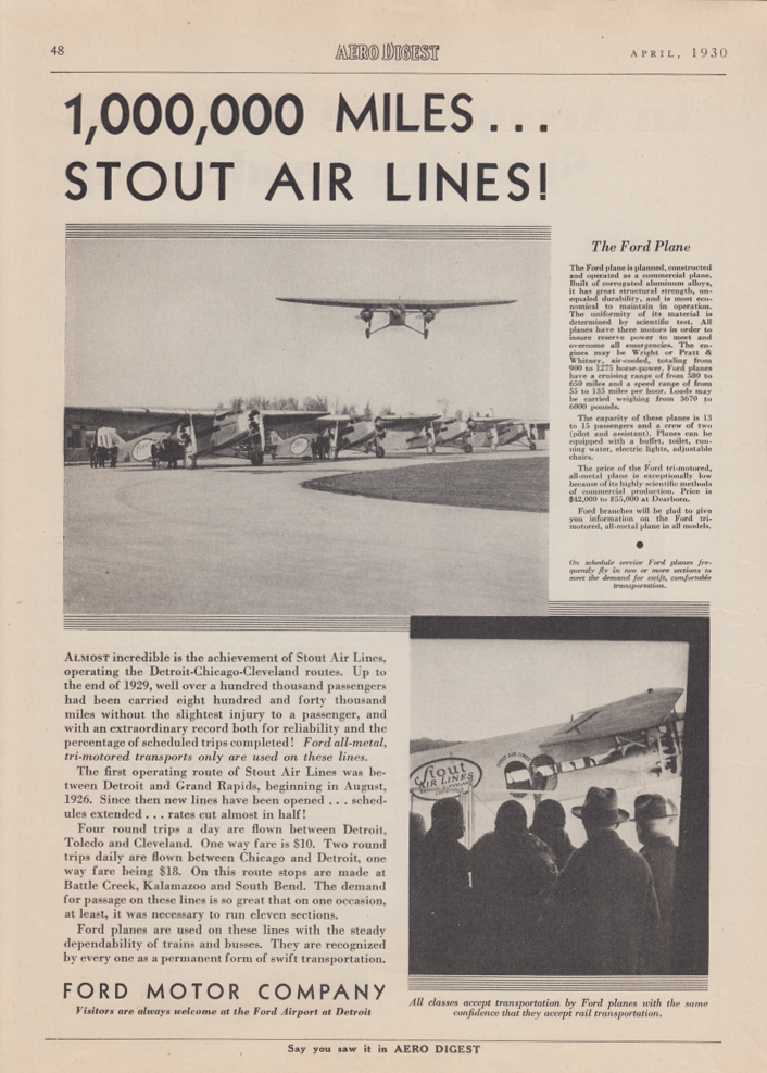 Image for 1,000,000 Miles on Stout Air Lines! Ford Tri-Motor airplane ad 1930