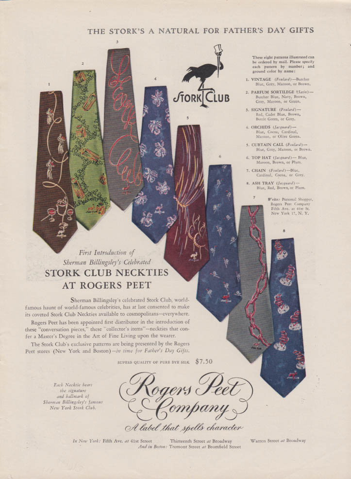 Image for A Natural for Father's Day: Stork Club Neckties at Rogers Peet ad 1949 NY