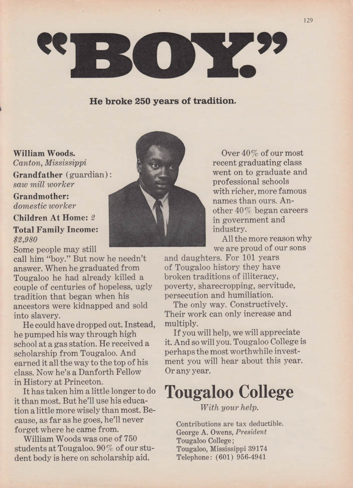 Image for "Boy" William Woods broke 350 years of tradition: Tougaloo College ad 1971 NY