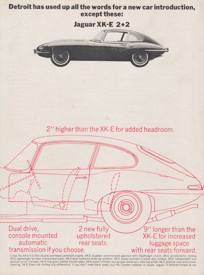 Image for Detroit has used up all the new car into ads but these Jaguar XK-E 2+2 ad 1966