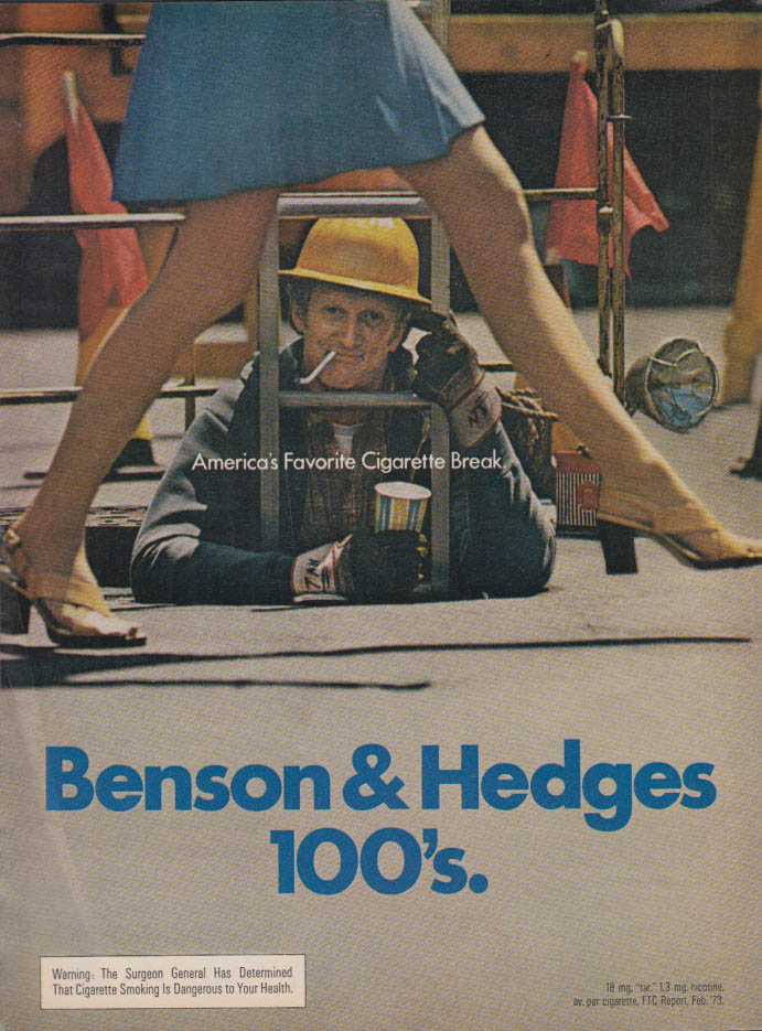 Image for America's Favorite Cigarette Break Benson & Hedges ad 1973 sewer worker upskirt
