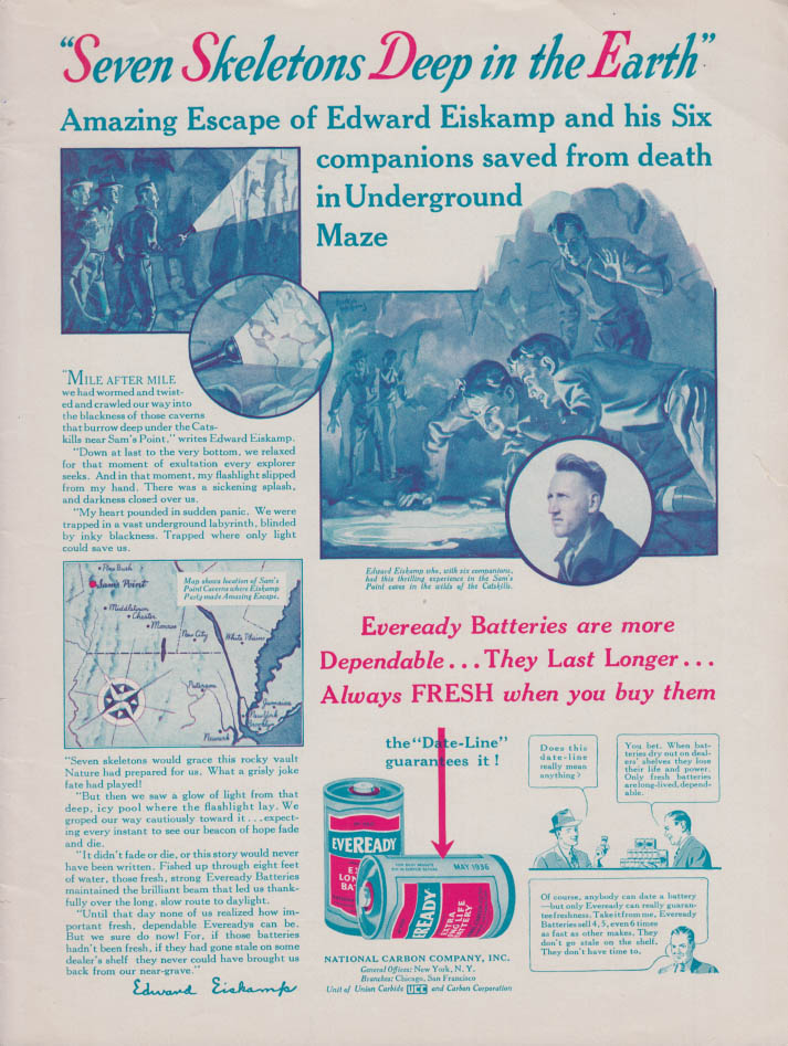 Image for Edward Eiskamp escapes underground maze Eveready Flashlight Batteries ad 1936