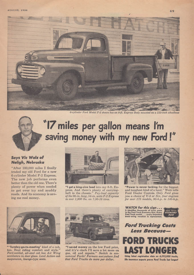 Image for 17 miles per gallon means I'm saving money Ford F-2 Pickup ad 1950 FJ