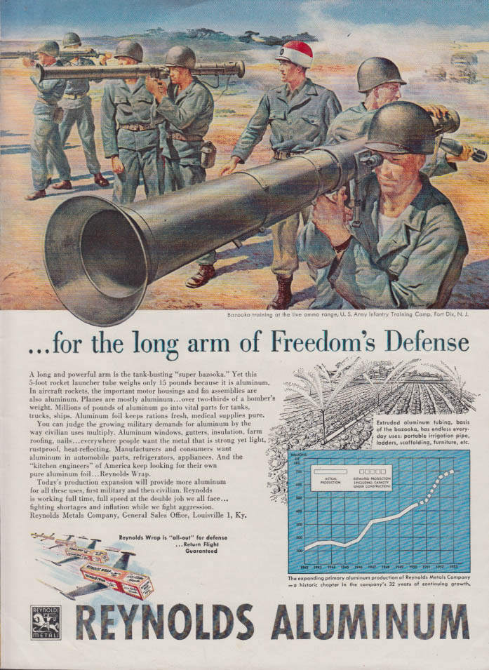 Image for Long arm of Freedom's Defense Ft Dix Bazooka Training Reynolds Aluminum ad 1951