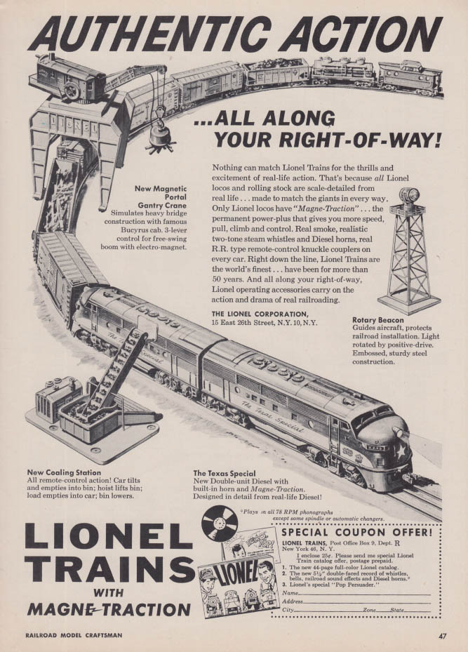 Image for Authentic Action Along Your Right-of-Way: Lionel Trains Texas Special ad 1954