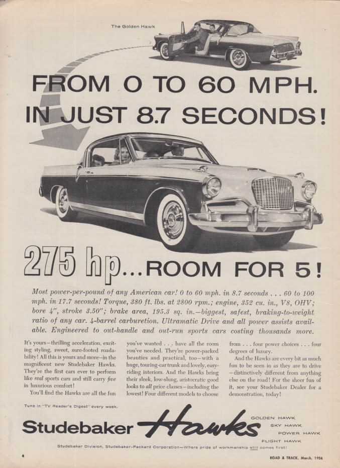Image for 0 to 60 mph in just 8.7 seconds Studebaker Hawk ad 1956
