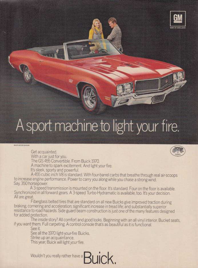 Image for A sport machine to light your fire Buick GS 455 Convertible ad 1970 var