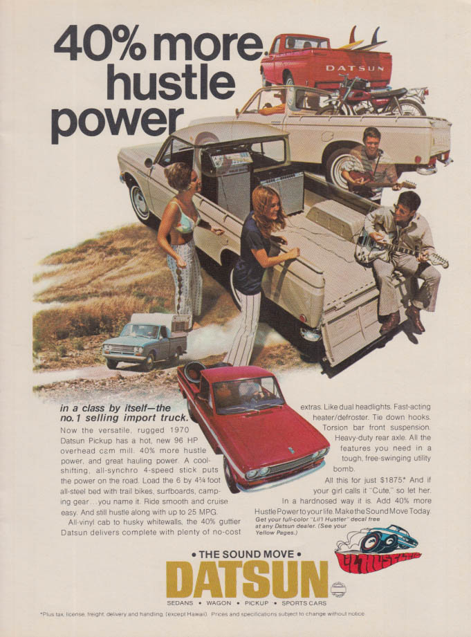 Image for 40% more hustle power: Datsun Lil Hustler Pickup Truck ad 1970 var